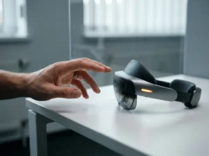 Hand die aarzelend reikt naar een AI-headset op een wit bureau, met een gesuggereerde glazen barrière in zacht kantoorlicht.