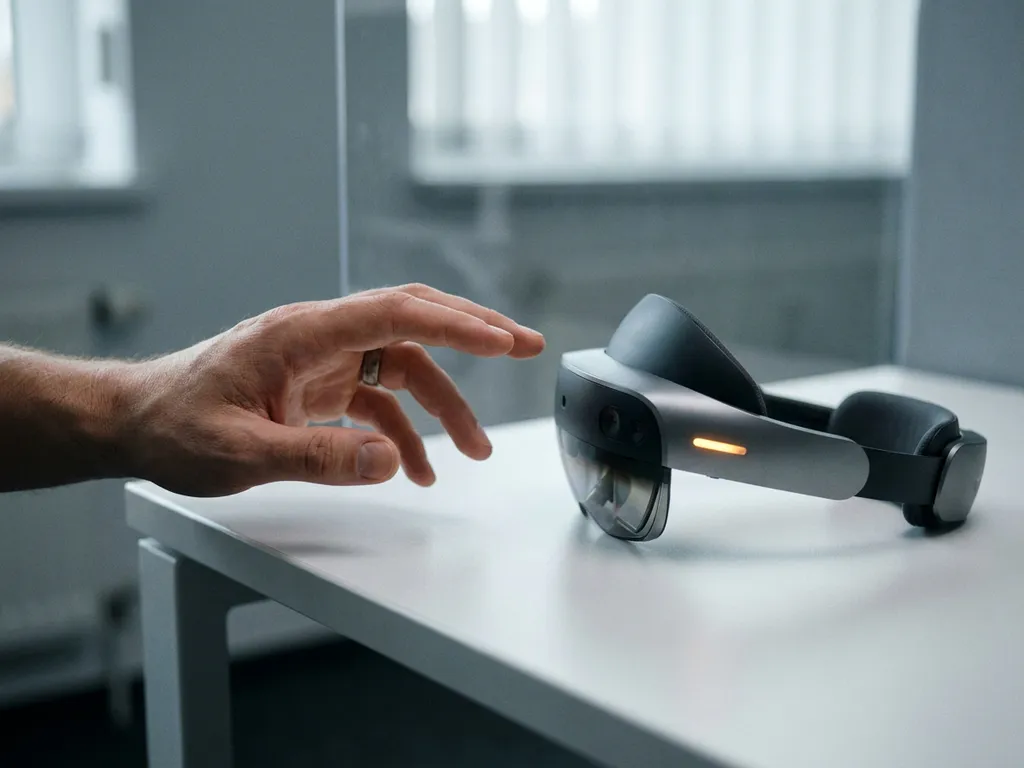 Hand die aarzelend reikt naar een AI-headset op een wit bureau, met een gesuggereerde glazen barrière in zacht kantoorlicht.