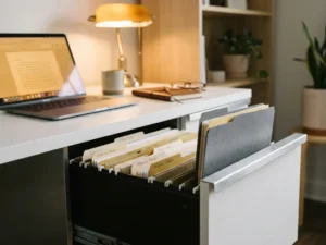 Open archieflade met geordende mappen naast een laptop op een modern wit bureau, verlicht door een warme bureaulamp.