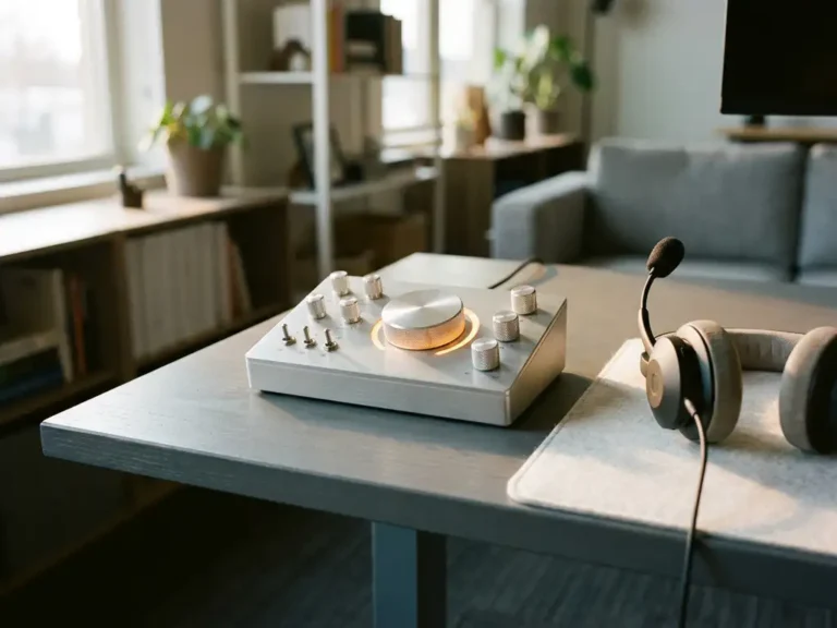 Controlepaneel met fysieke knoppen en hendels op modern bureau, centraal cadran met gloeiend amber lampje, headset op de achtergrond.