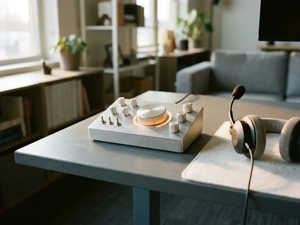 Controlepaneel met fysieke knoppen en hendels op modern bureau, centraal cadran met gloeiend amber lampje, headset op de achtergrond.