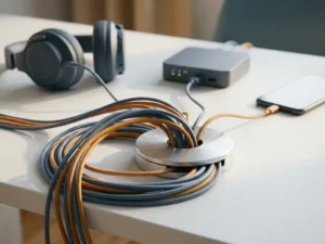 Kabels samengevoegd in een centrale hub op wit bureau, omringd door headset, server en smartphone in blauw-amber tinten.