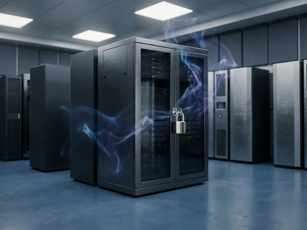 Vergrendeld stalen serverrack met hangslot in moderne IT-serverruimte, omgeven door lichtsporen die dataveiligheid symboliseren.