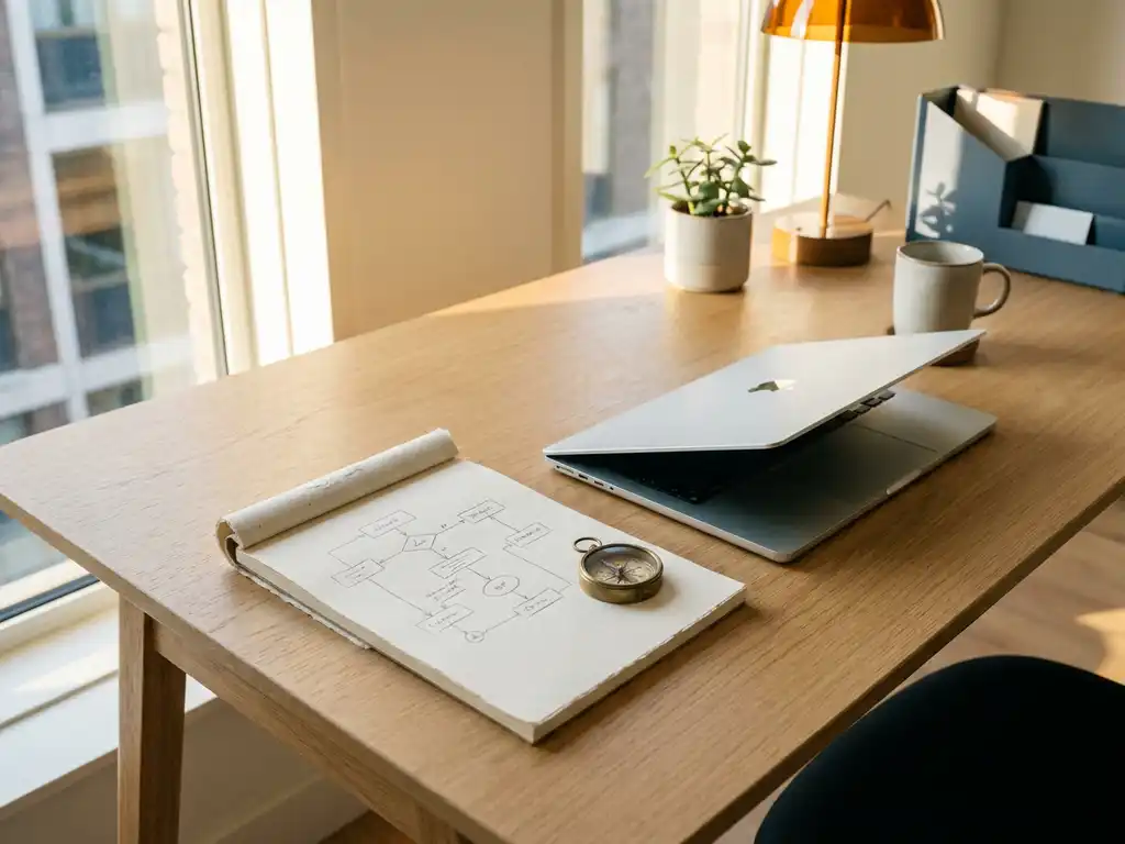 Opengeslagen notitieboek met handgetekend stroomdiagram, kompas en halfopen laptop op een modern bureau in Utrecht, warm ochtendlicht.
