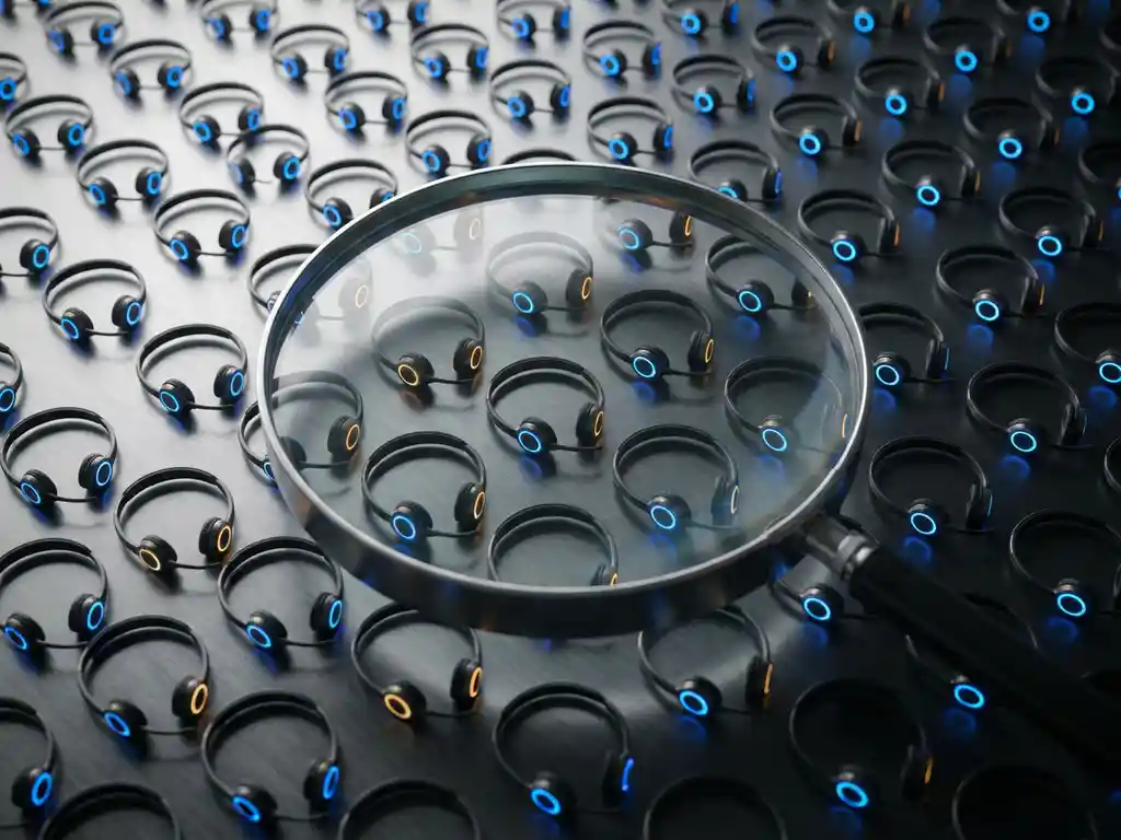 Vergrootglas boven rijen glanzende callcenter-headsets op donker oppervlak, stalen blauwe en amberkleurige tinten, bovenaanzicht.