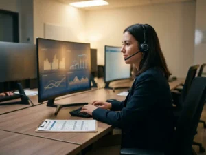 Callcenter-agent met headset aan modern bureau, omringd door gloeiende dashboardreflecties en kwaliteitsscorebord, professionele kantooromgeving.