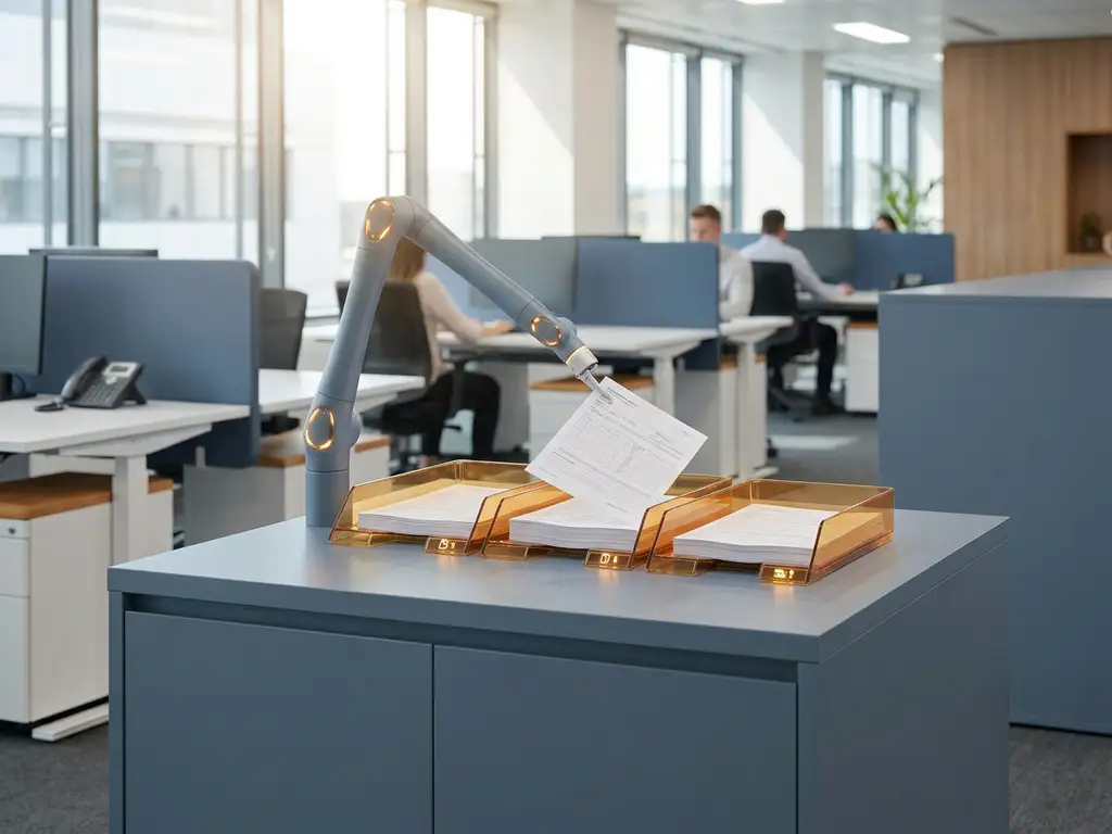 Robotarm sorteert papieren vragenformulieren in verlichte bakjes op een opgeruimd contactcenterbureau met moderne open kantooromgeving op de achtergrond.