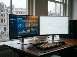 CRM-dashboard op monitor verbonden via kabel met taalmodel-interface op tweede scherm, op modern bureau in professioneel kantoor.