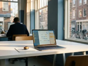 Laptop op minimalistisch wit bureau in Utrecht kantoor met ochtendlicht, gloeiende oortje en georganiseerde digitale werkruimte.
