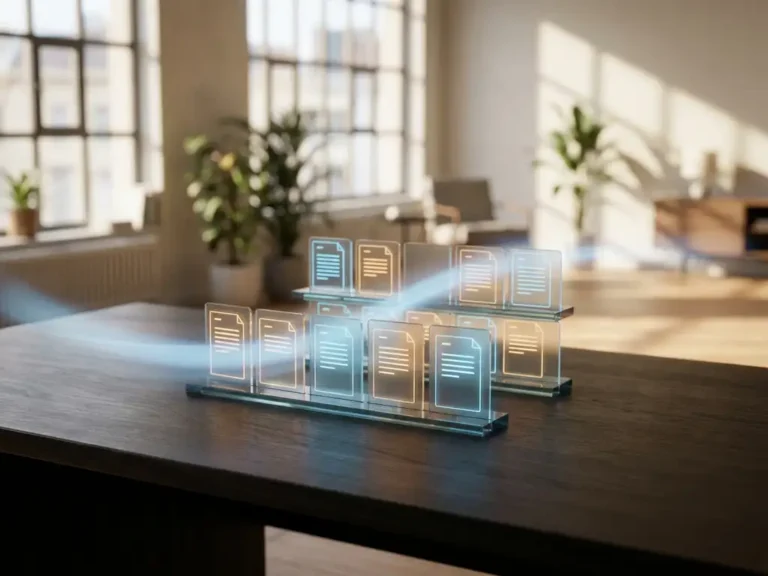 Digitale kaartenbak met gloeiende bestandskaarten die automatisch herschikken op modern bureau, stalen blauwe en warme ambertinten.