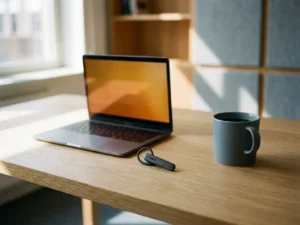 Draadloos oortje en laptop op modern bureau met koffiekop, warm amberkleurig licht en ondiepe scherptediepte.