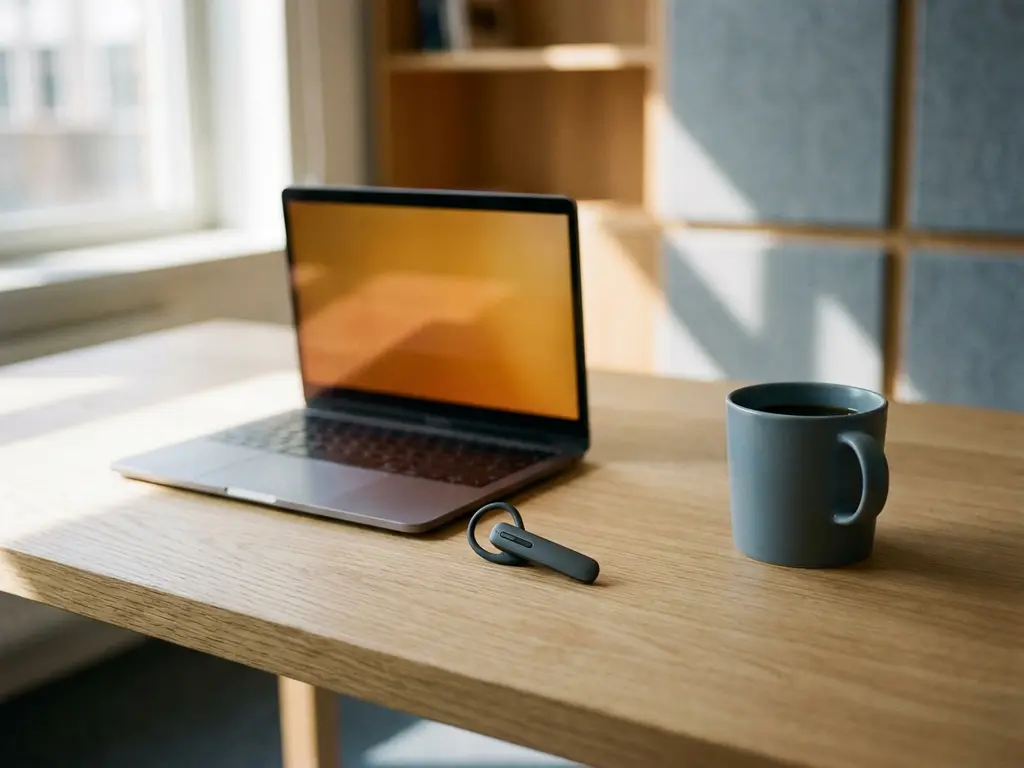 Draadloos oortje en laptop op modern bureau met koffiekop, warm amberkleurig licht en ondiepe scherptediepte.