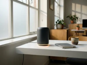 Draadloze slimme speaker op minimalistisch wit bureau in modern kantoor, met zacht gloeiend notificatielampje, notitieboek en koffiekopje.