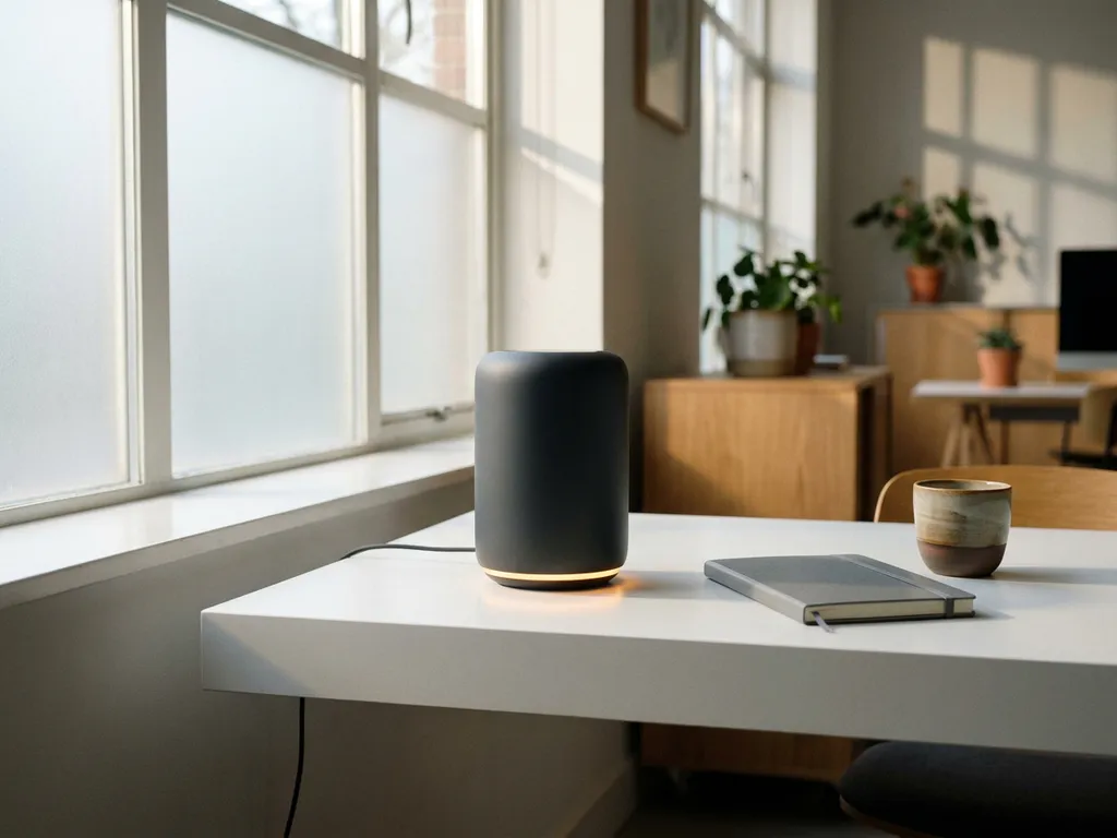 Draadloze slimme speaker op minimalistisch wit bureau in modern kantoor, met zacht gloeiend notificatielampje, notitieboek en koffiekopje.