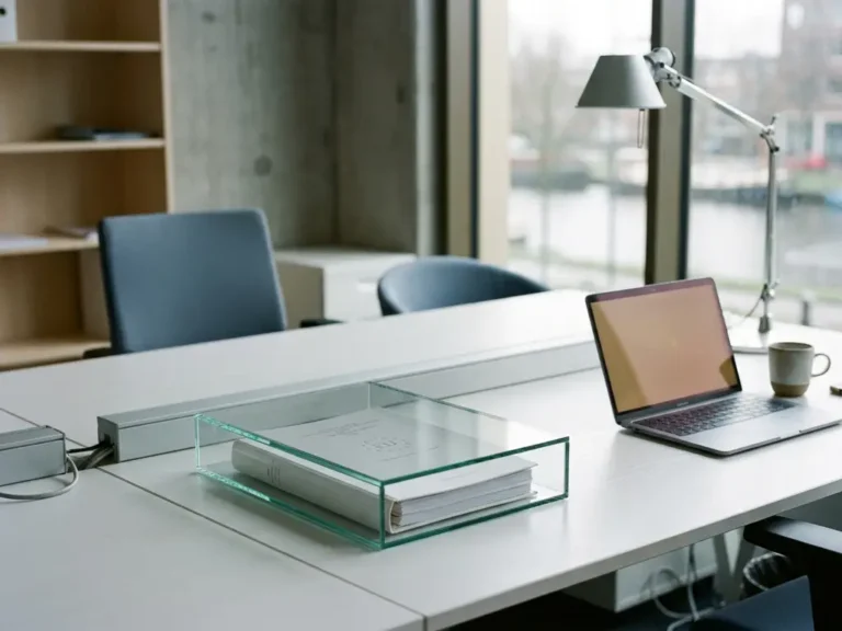 EU-regelgevingsdocument achter glazen privacyschild op wit bureau naast laptop in modern Nederlands kantoor.