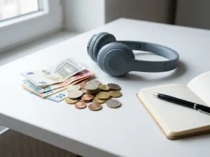 Euro munten, biljetten en draadloze headset op wit bureau met notitieboekje en pen in zacht natuurlijk licht.