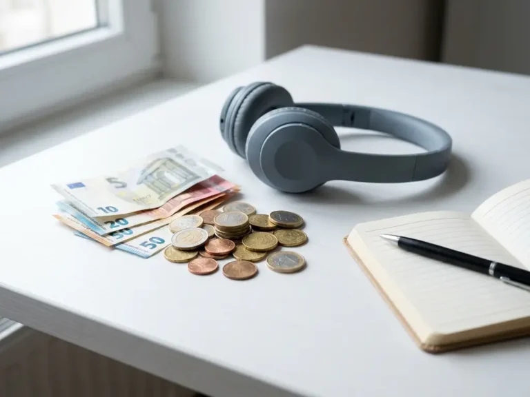 Euro munten, biljetten en draadloze headset op wit bureau met notitieboekje en pen in zacht natuurlijk licht.