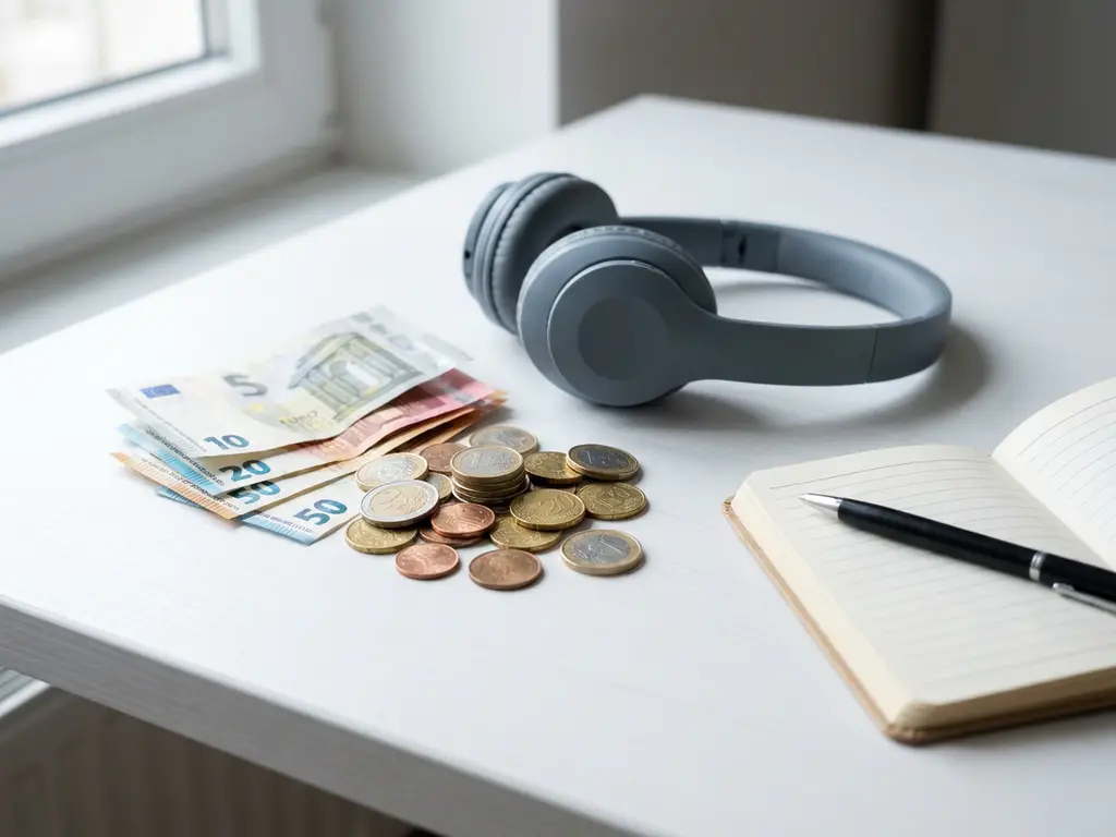 Euro munten, biljetten en draadloze headset op wit bureau met notitieboekje en pen in zacht natuurlijk licht.
