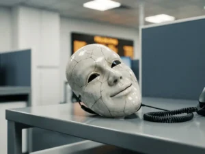 Gebarsten porseleinen glimlachmasker op een klantenservicebalie, met holle duisternis zichtbaar onder het oppervlak en een headsetkabel ernaast.