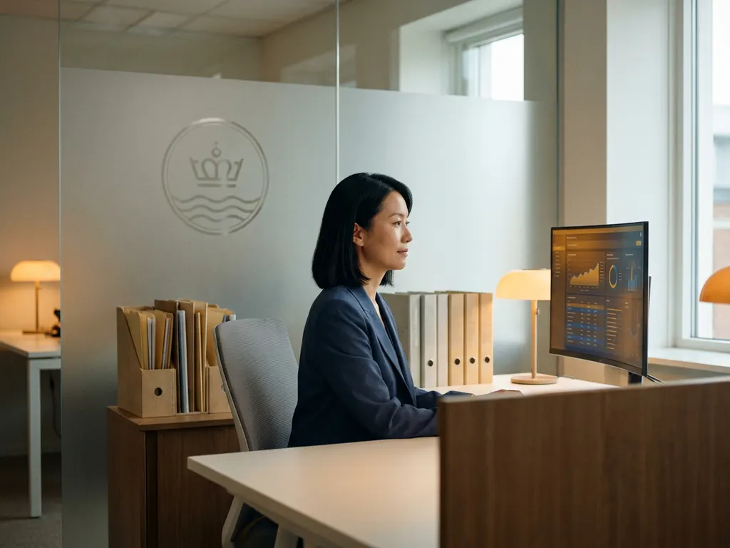 Gemeenteambtenaar bekijkt burgerverzoeken op monitor aan modern bureau, met gemeentelijk embleem op matglazen wand op de achtergrond.