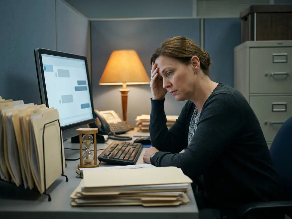 Gemeenteloketmedewerker pauzeert bij stapels dossiers en monitor met chatinterface, zandloper naast toetsenbord, sfeervol amberkleurig bureaulampje.