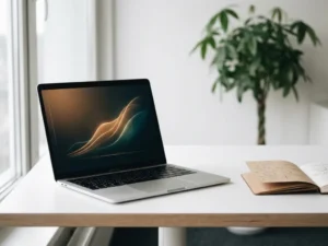 Laptop op wit bureau met groeiende dashboardcurven, notitieboekje met feedbacknotities en groene plant op de achtergrond.