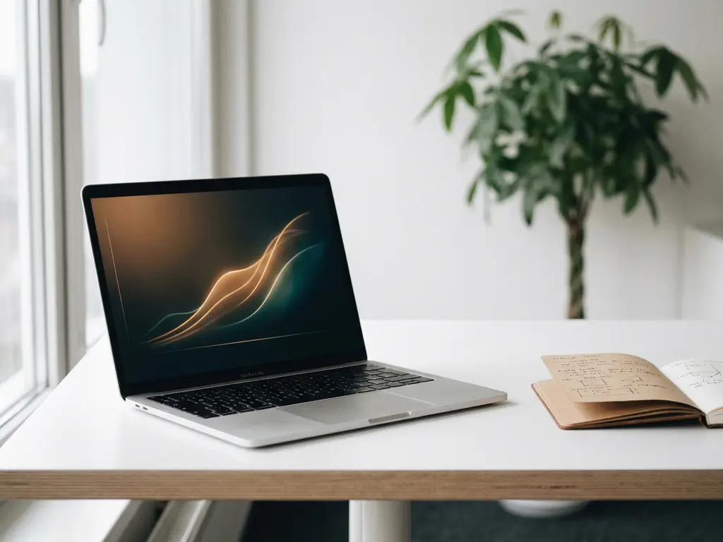 Laptop op wit bureau met groeiende dashboardcurven, notitieboekje met feedbacknotities en groene plant op de achtergrond.