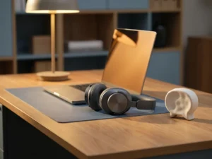 Headset naast een gloeiende laptop op een modern bureau met een abstracte chatbel, warme kantoorverlichting en koele blauwtinten.