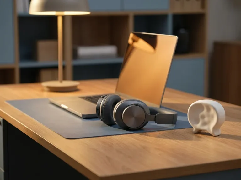 Headset naast een gloeiende laptop op een modern bureau met een abstracte chatbel, warme kantoorverlichting en koele blauwtinten.