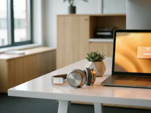 Headset op wit bureau naast oplichtend laptopscherm met succulent, warme amberkleurige verlichting in modern kantoor.