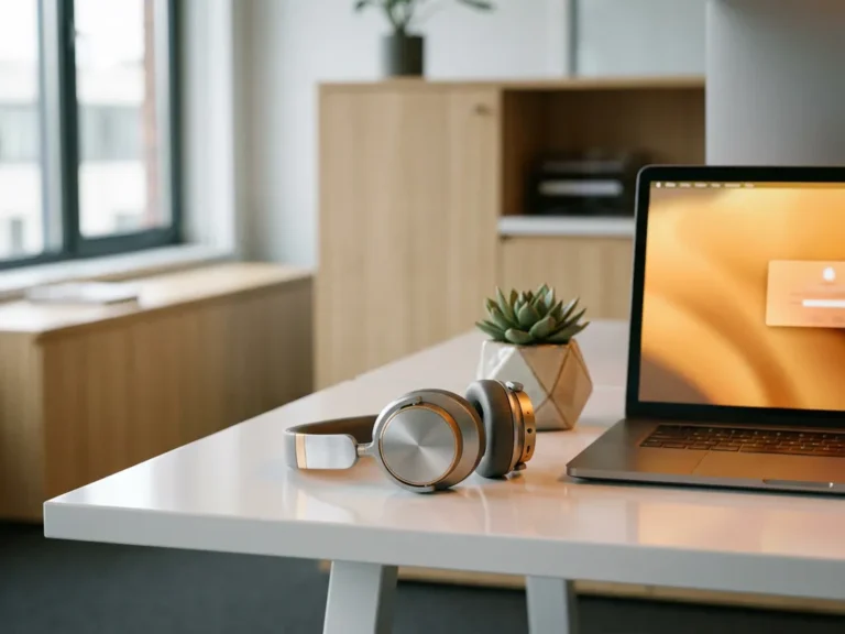 Headset op wit bureau naast oplichtend laptopscherm met succulent, warme amberkleurige verlichting in modern kantoor.