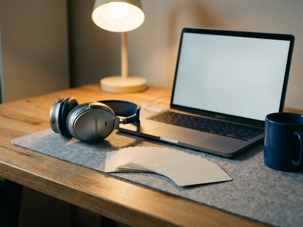 Headset naast een open laptop op een modern bureau, met witte kaarten uitgewaaierd op het oppervlak in warm kantoorlicht.