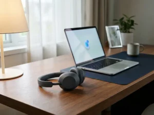 Headset naast een gloeiende laptop op een modern bureau met zacht blauw notificatielicht en natuurlijke kantoorverlichting.