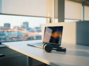 Headset op wit bureau naast verlichte laptop in modern kantoor, met zachte lichtsporen op de achtergrond.