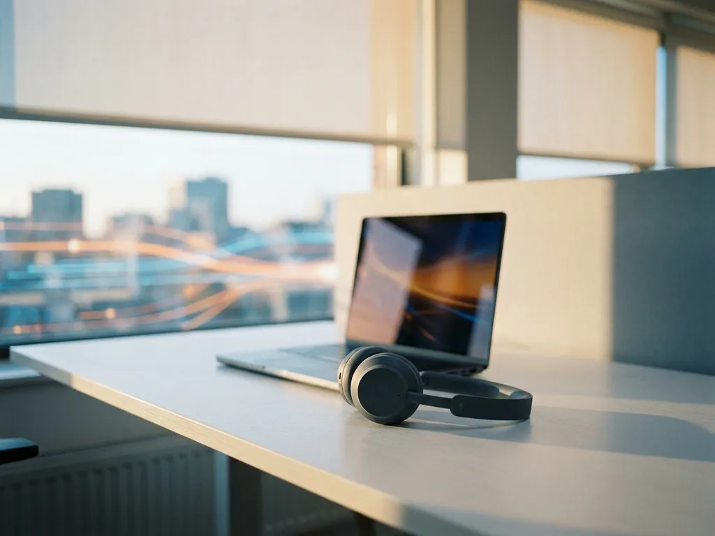 Headset op wit bureau naast verlichte laptop in modern kantoor, met zachte lichtsporen op de achtergrond.