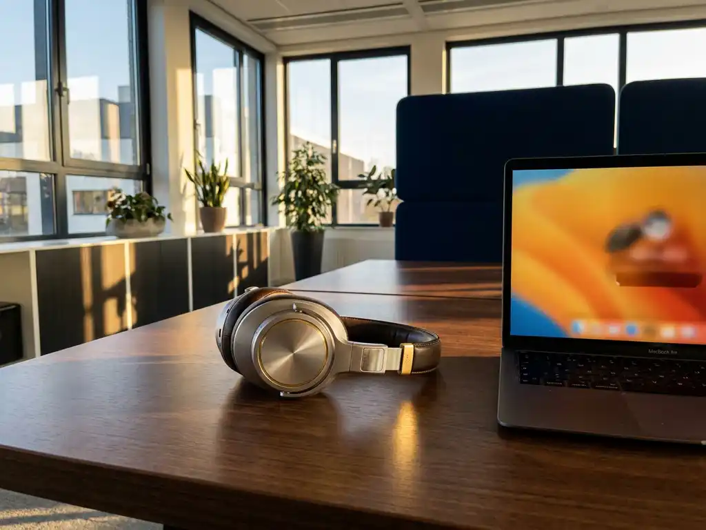 Headset naast een gloeiend laptopscherm op een modern Nederlands bureau, warm middaglicht door grote ramen.