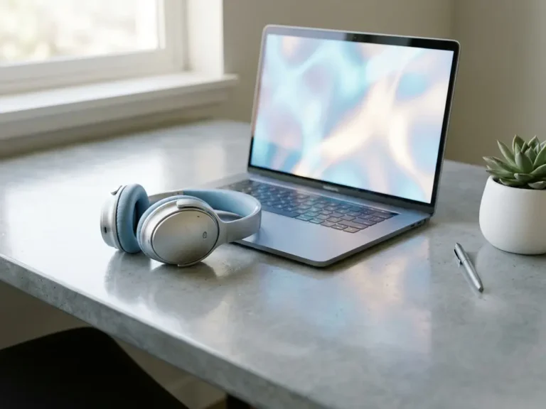 Headset naast een verlichte laptop op een modern bureau met holografische lichtreflecties en een klein potplantje.