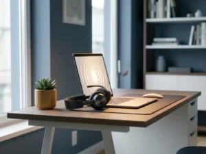 Headset naast een gloeiende laptop op een minimalistisch bureau met een succulent, zacht amberkleurig licht en leisteenblauwe tinten.