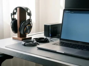 Headset naast een gloeiend laptop op een modern bureau met georganiseerde kabels en servercomponent in warme amber- en staalblauwtinten.