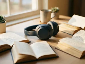 Moderne headset op wit bureau omringd door open boeken in Arabisch, Latijns en Japans schrift, warm middaglicht.