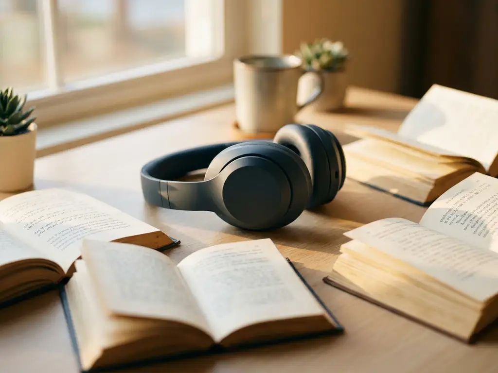 Moderne headset op wit bureau omringd door open boeken in Arabisch, Latijns en Japans schrift, warm middaglicht.