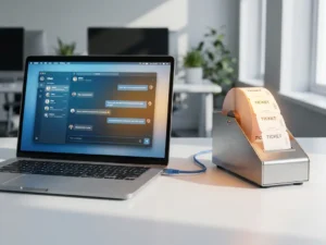 Laptop met open chatgesprek verbonden via ethernetkabel aan een ticketdispenser op wit bureau in moderne IT-werkruimte.