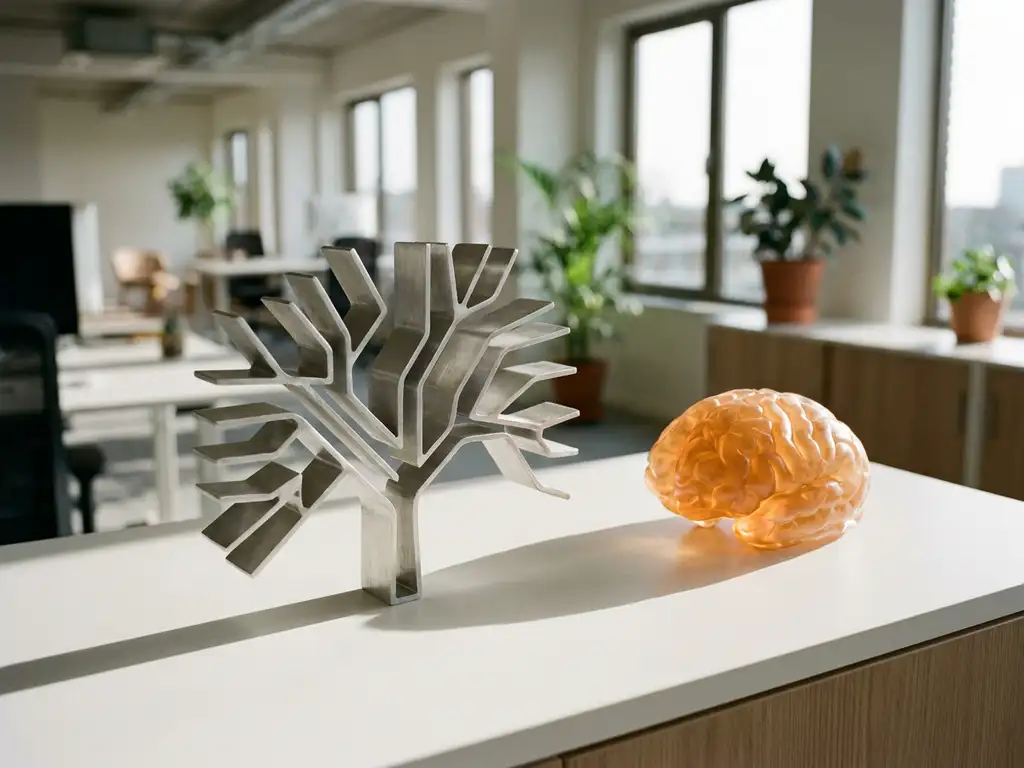 Metalen beslissingsboom-doolhof naast gloeiend hersenmodel op wit bureau, symboliseert contrast tussen AI-logica en menselijk denken.