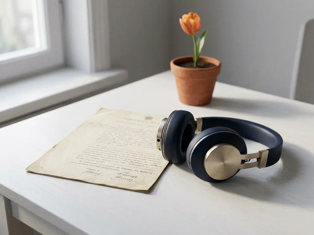 Juridisch document en headset op wit bureau met tulp, zacht ochtendlicht en marineblauwe accenten.