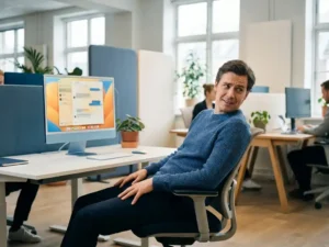 Kantoormedewerker leunt nieuwsgierig achterover in stoel en bekijkt een AI-chatinterface op desktopscherm in modern open kantoor.