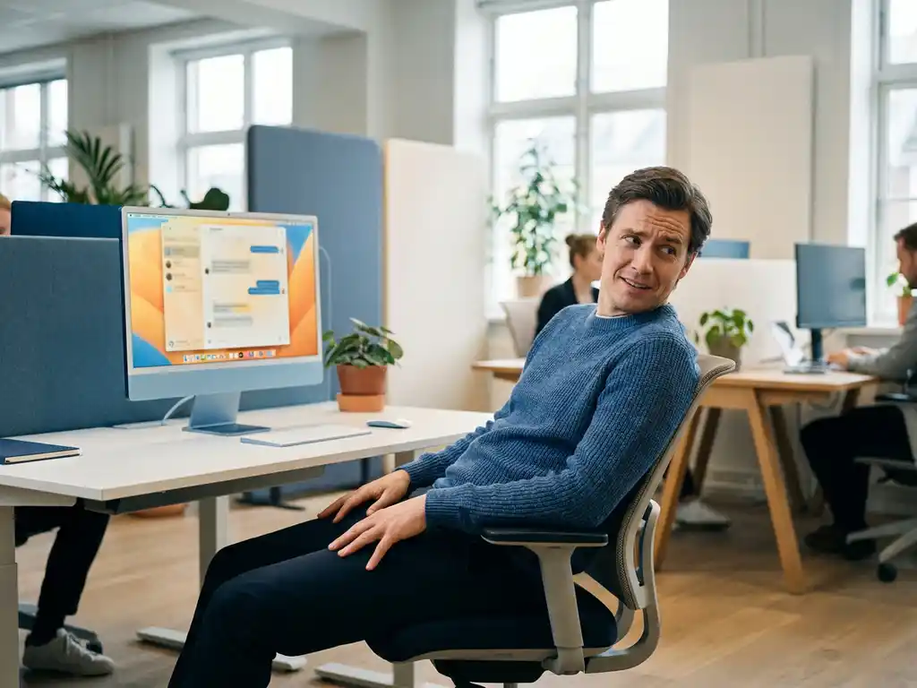 Kantoormedewerker leunt nieuwsgierig achterover in stoel en bekijkt een AI-chatinterface op desktopscherm in modern open kantoor.