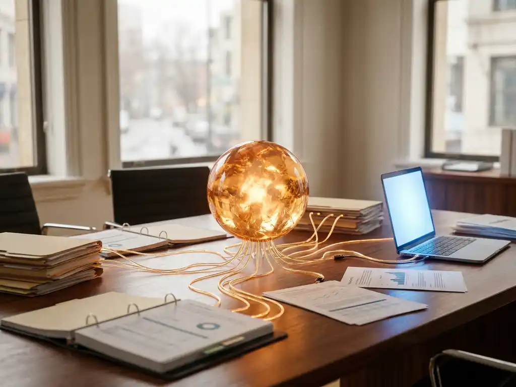Glanzend amber kennisknooppunt verbonden met fysieke mappen en rapporten op modern bureau, laptop met blauw schermgloed, zachte natuurlijke belichting.