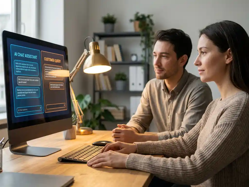 Klantenservicemedewerker naast een monitor met AI-chatinterface op een modern bureau, verlicht door een warme bureaulamp.