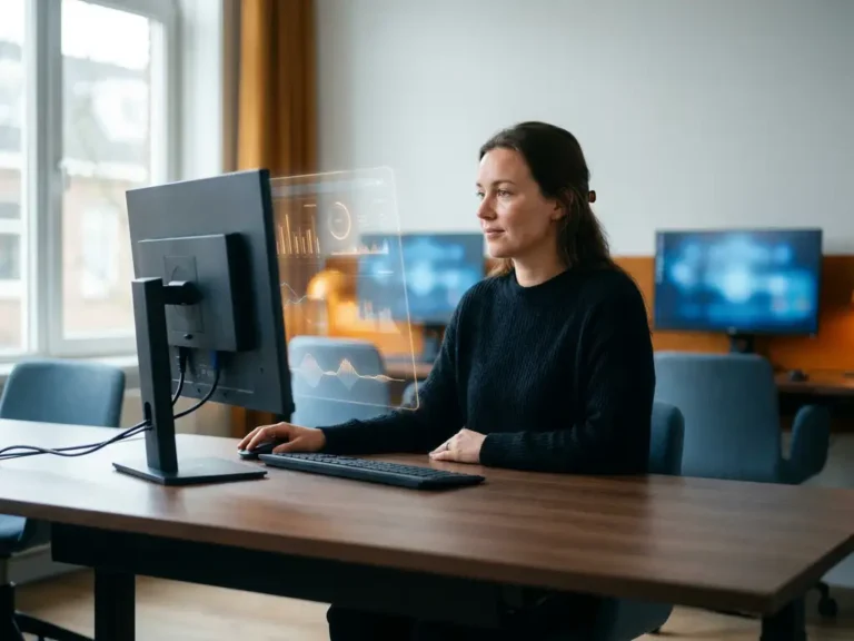 Klantenservicemedewerker aan modern bureau met AI-interface, zacht verlicht door twee monitoren in warme en koele kantooromgeving.