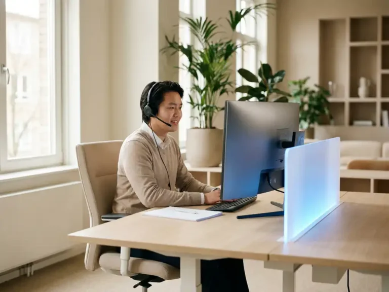 Klantenservicemedewerker met headset aan modern bureau, verlicht door zacht gloeiend AI-paneel in stijlvol kantoor.